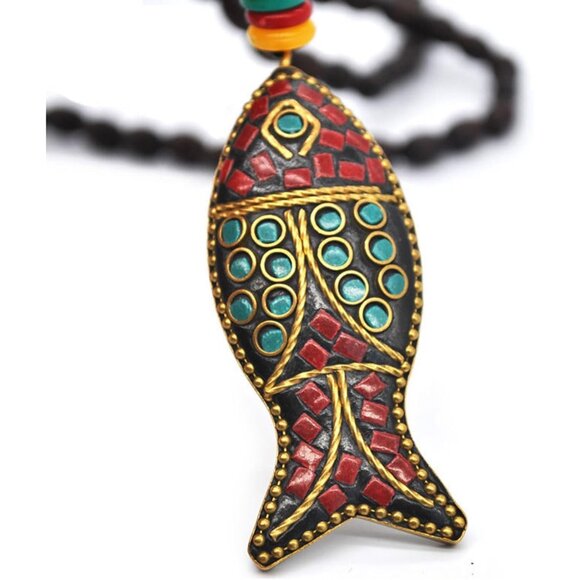 Vintage Handmade Turquoise Wood Beads Necklace for Women, 31.5'' Length, Unique - Picture 3 of 3